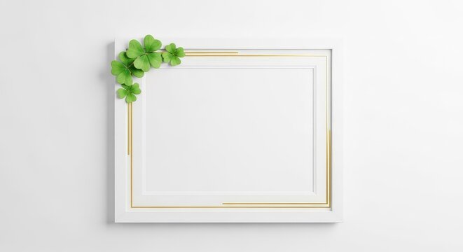 Sophisticated white frame featuring a minimalist gold border and delicate green clover accents in the corner for a touch of luck and class, aesthetic, texture, frame