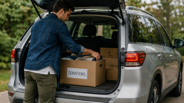 Packing donations with care and love, man loads boxes into back of silver SUV outdoors, surrounded by greenery, showing kindness and community support