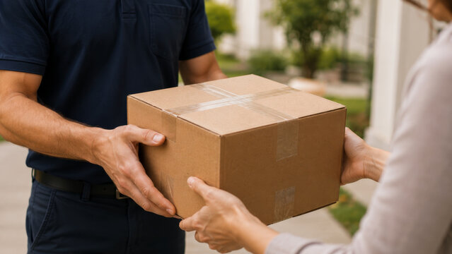 Shipping process in action as delivery worker hands cardboard box to customer outdoors, showing efficient logistics and customer service with friendly interaction