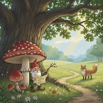 A charming garden gnome reading a map under a giant mushroom with a curious fox nearby.