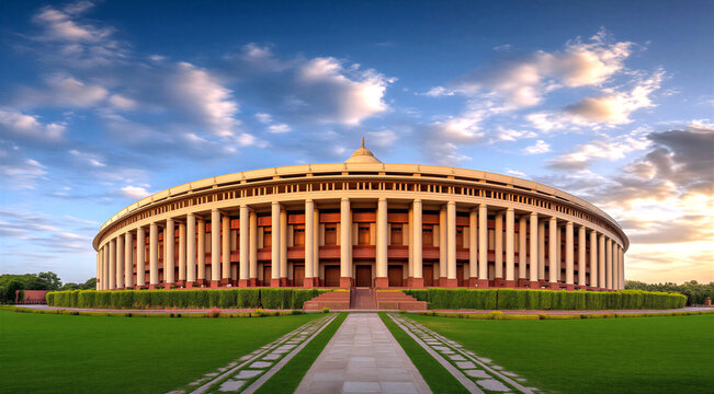 Majestic circular government building with grand columns and manicured lawns under a scenic sunset sky