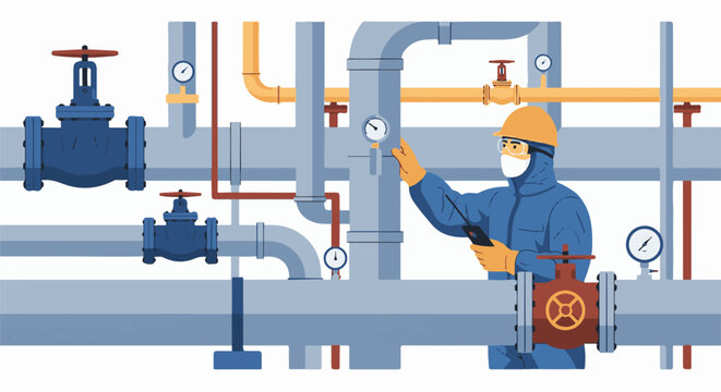 Worker in hazmat suit checks gauges and valves in industrial pipe system