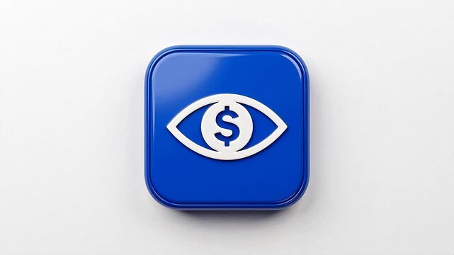 Blue square icon with eye and dollar sign emphasizing fluid motion and vibrant color palettes