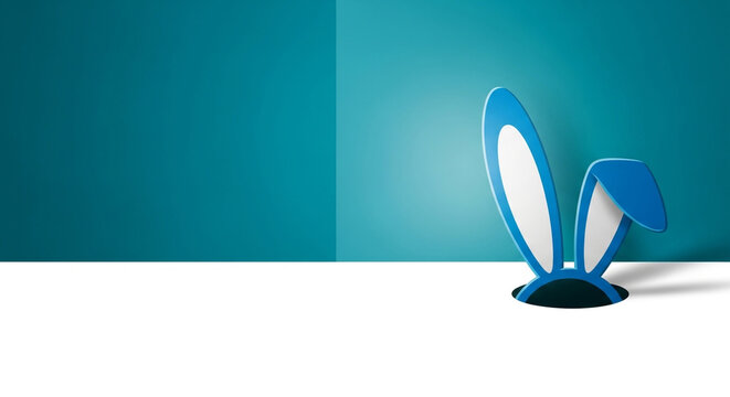 Blue rabbit ears emerging from a hole in the floor