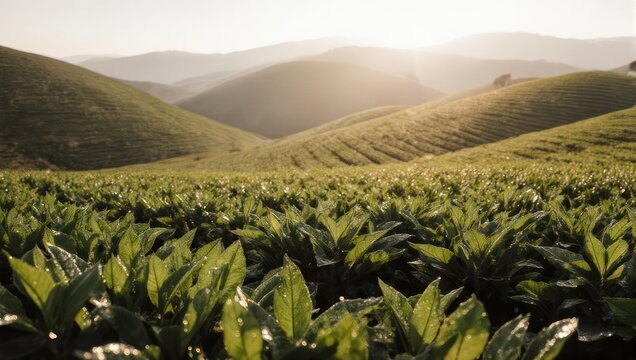 Lush green tea fields roll across sunlit hills, meeting distant mountains under a bright sky