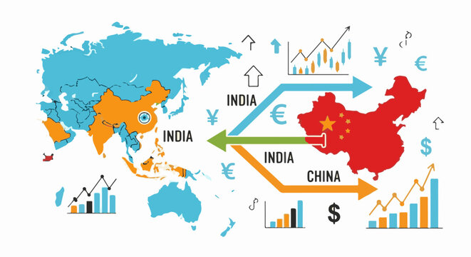 World map graphic depicting trade relations and economic indicators between India and China
