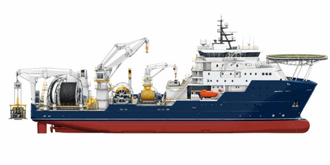 Fototapeta premium A large blue and white ship with a red bottom is shown docked with cranes and equipment on board in a harbor scene.
