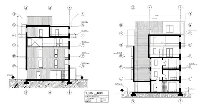 Modern building architectural elevation and section technical drawing