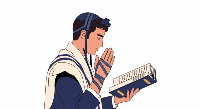 Young man in traditional prayer attire, deep in devotion before an open book
