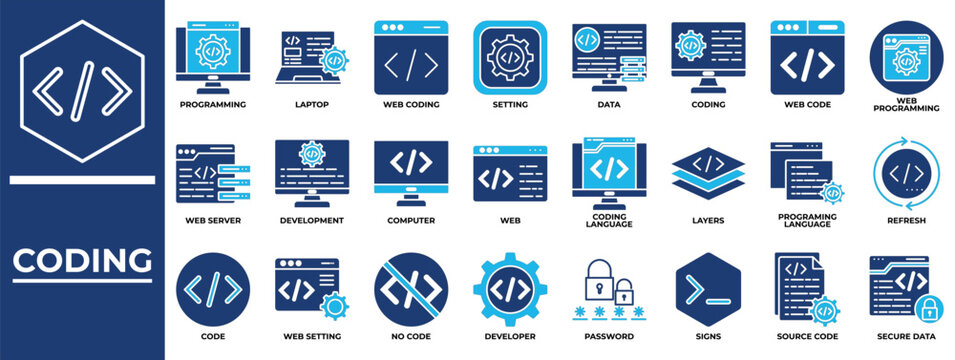 Coding icon set collection. Containing layers, signs, www, server, monitor, plan, programming .Solid vector icons collection