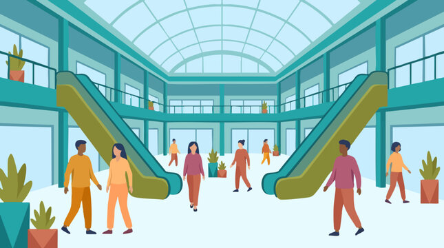Diverse people walking inside modern shopping mall with escalators