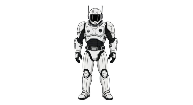 Futuristic White Robot Warrior Standing Isolated on White Background