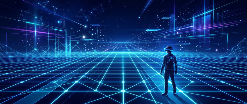VR Digital Landscape with Glowing Grid Floor on Dark Blue Background