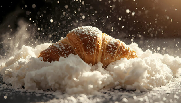 Croissant covered in powdered sugar snowfall scene