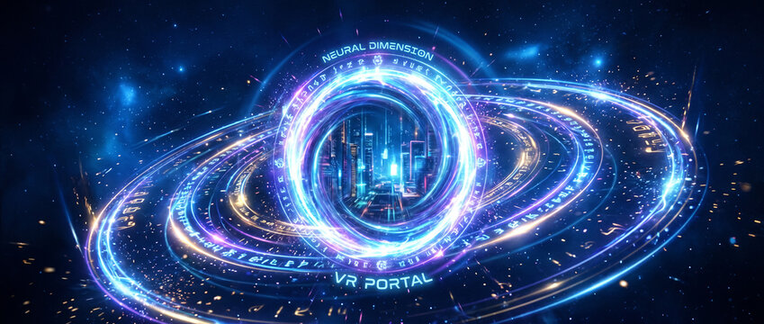 VR Portal Surrounded by Glowing Rings on Dark Blue Background