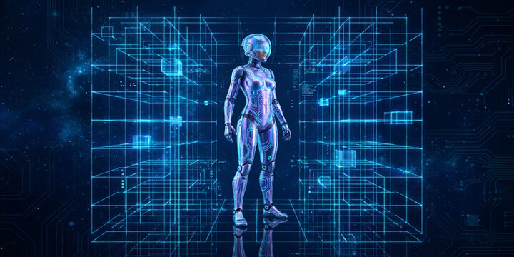 Cyber Avatar Standing Inside Holographic Grid on Dark Blue Background