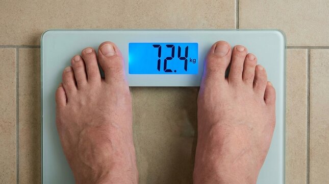 Bare feet standing on a digital scale showing weight on a tiled floor.