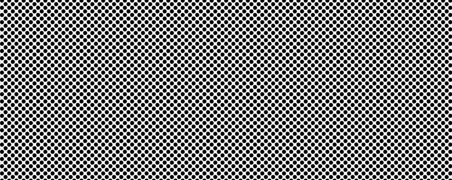 Black circular dots on white background. Mosaic holey print. Perforated metal texture. Peg board, radiator or speaker grill surface with repeated round holes. Vector graphic illustration.Eps10