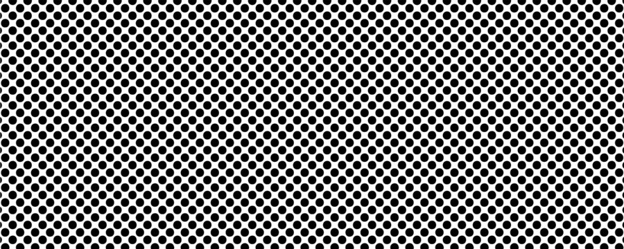 Black circular dots on white background. Mosaic holey print. Perforated metal texture. Peg board, radiator or speaker grill surface with repeated round holes. Vector graphic illustration.Eps10