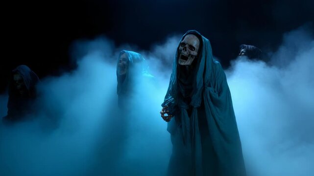 Eerie Skeletons Emerge from Misty Blue Fog