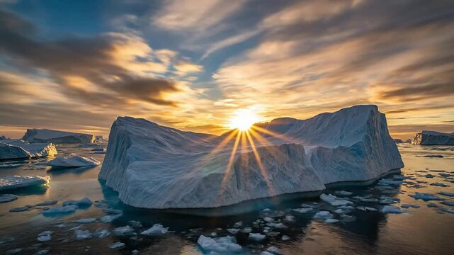 Majestic iceberg at sunset in Arctic water with sunburst and floating ice chunks under a dramatic sky
