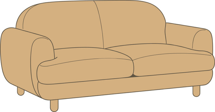 Light brown sofa with rounded armrests and two seat cushions, minimalist furniture design for modern interior decoration and product visualization