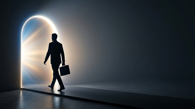 Businessman holding briefcase walking into bright glowing archway portal in dark room.