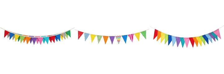 Fototapeta premium Set of Three Colorful Bunting Flag Banners Isolated on White Background, Festive Party Garland Decorations, Rainbow Triangle Flags for Birthday, Celebration, Carnival, and Holiday Event Graphic Design