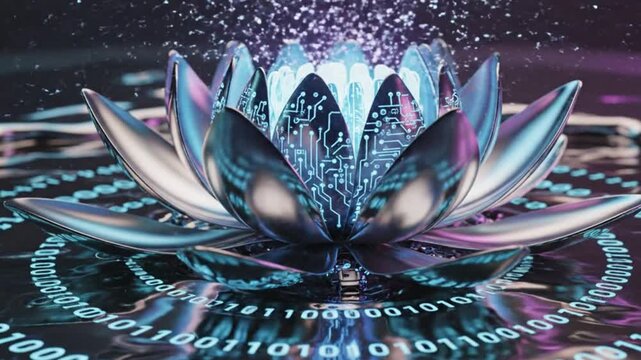 Futuristic Digital Lotus Flower with Binary Code and Circuitry Patterns