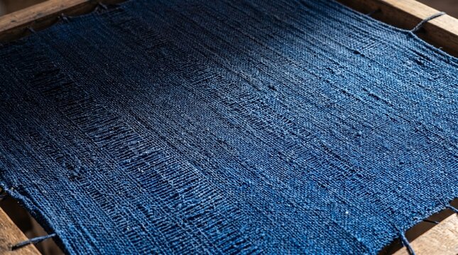 Macro Detail of Wet Indigo Hand-Dyed Cloth on Drying Frame in Kano Nigeria