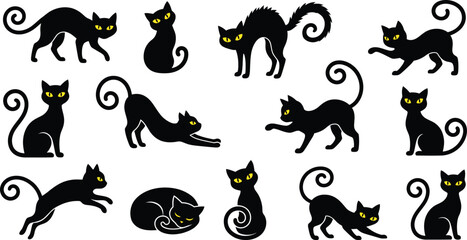 Obraz premium Collection of black cats in various poses isolated on white background