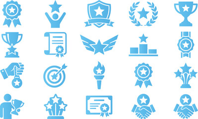 Fototapeta premium Collection of 20 blue award and achievement icons, including trophies, medals, certificates, and winner symbols.