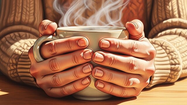 Hands holding steaming hot coffee cup.