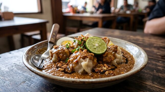 Traditional Indonesian siomay dumplings topped with creamy peanut sauce, lime, chopped scallions, and crushed peanuts served on ceramic plate in casual dining restaurant atmosphere.