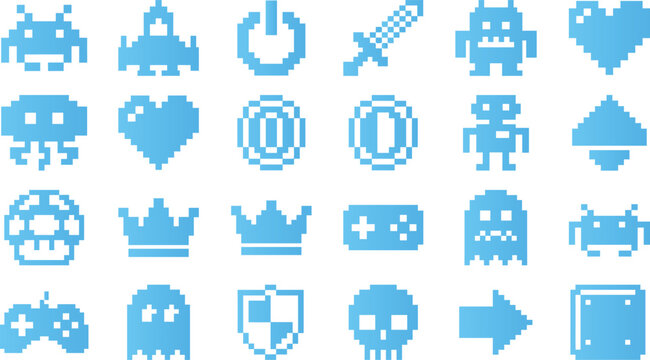 Retro pixel art game icons collection for classic video games, arcade, and 8-bit digital art themes.