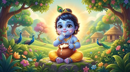 Naklejka premium Cute Baby Krishna with Butter Pot Cartoon Illustration