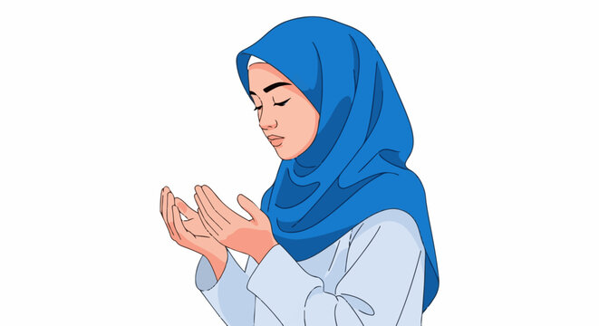 Woman wearing a blue hijab, eyes closed, hands cupped in prayer