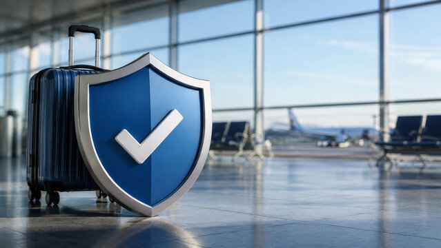 Travel services offer benefits and overview of protection with secure luggage in airport terminal, highlighting safety and peace of mind for travelers worldwide