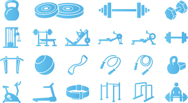 Collection of 20 blue fitness and gym equipment icons, including kettlebell, dumbbells, barbell, and exercise machines.