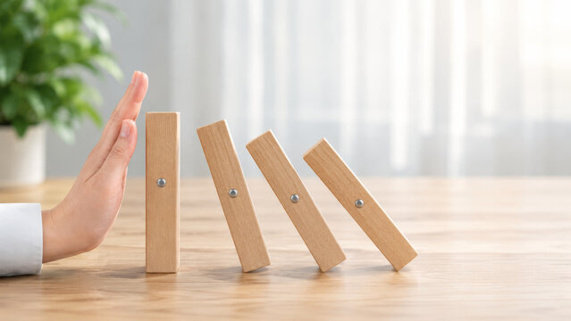 Hand stops falling wooden blocks representing financial concepts in debt management and risk prevention with calm and responsible approach in bright office environment