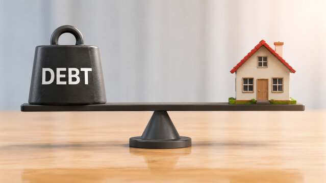 Financial concepts in debt management are illustrated by heavy weight labeled debt balancing against small house on wooden scale symbolizing financial pressure and home loan stress