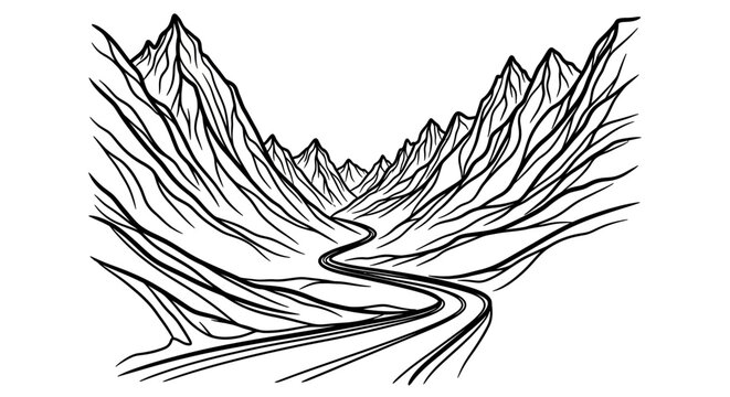 A winding road carves its path through a dramatic mountain valley, flanked by rugged, textured peaks under a clear sky.