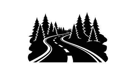Obraz premium A winding road through a dense forest of pine trees, depicted in a striking black and white silhouette style.