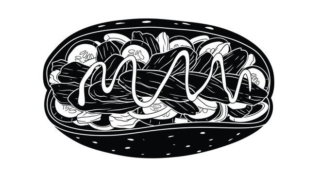 Detailed black and white silhouette of a gyro sandwich with meat and vegetables isolated on a white background silhouette high quality professional detailed