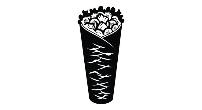 Black and white silhouette of a gyro wrap with vegetables and sauce on a white background silhouette high quality professional detailed modern elegant