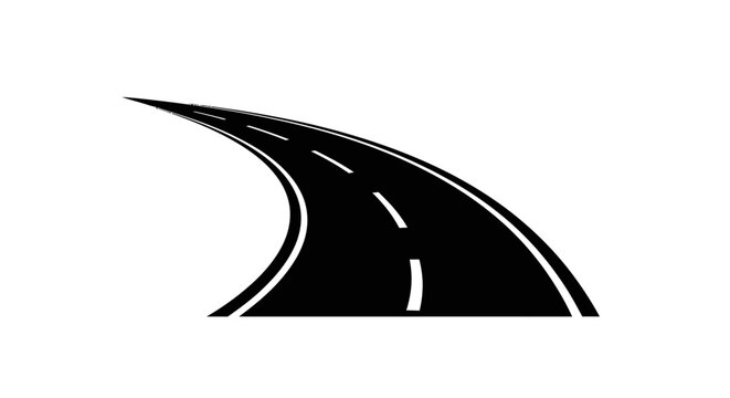 A stylized, black and white illustration of a curved road with dashed white lines indicating lanes.