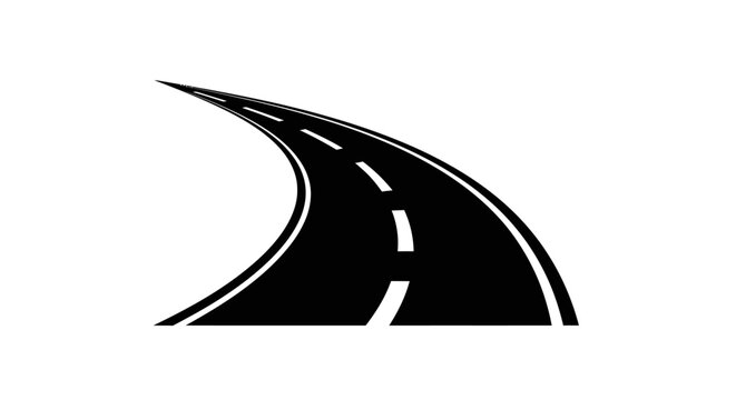 A stylized, black and white illustration of a curved road with dashed white lines, suggesting movement and direction.