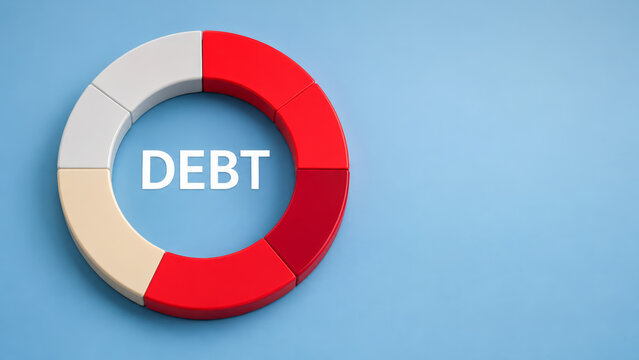 Financial concepts illustrated in circular chart with word debt in center showing management strategies in business and personal finance on blue background