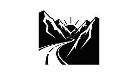 Obraz premium A winding road ascends through majestic mountains towards a radiant sunrise, symbolizing journey and aspiration.