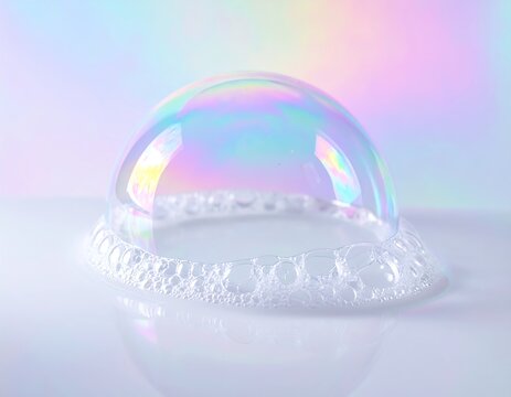 A large iridescent soap bubble sits on a white surface with rainbow colors